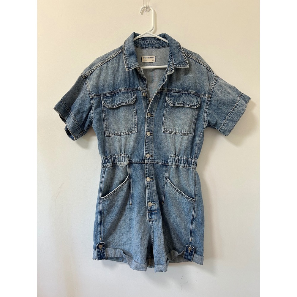 We The Free Free People Marci Denim Romper Medium Wash Short Sleeve Utility MED